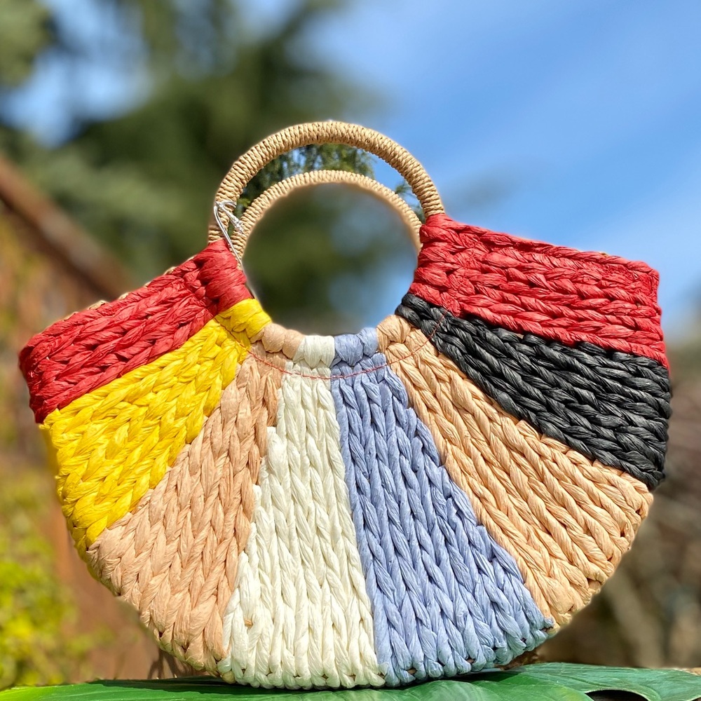 SOLD π NWT Colorful Handmade Woven Rattan Handbag - Picture 6 of 6